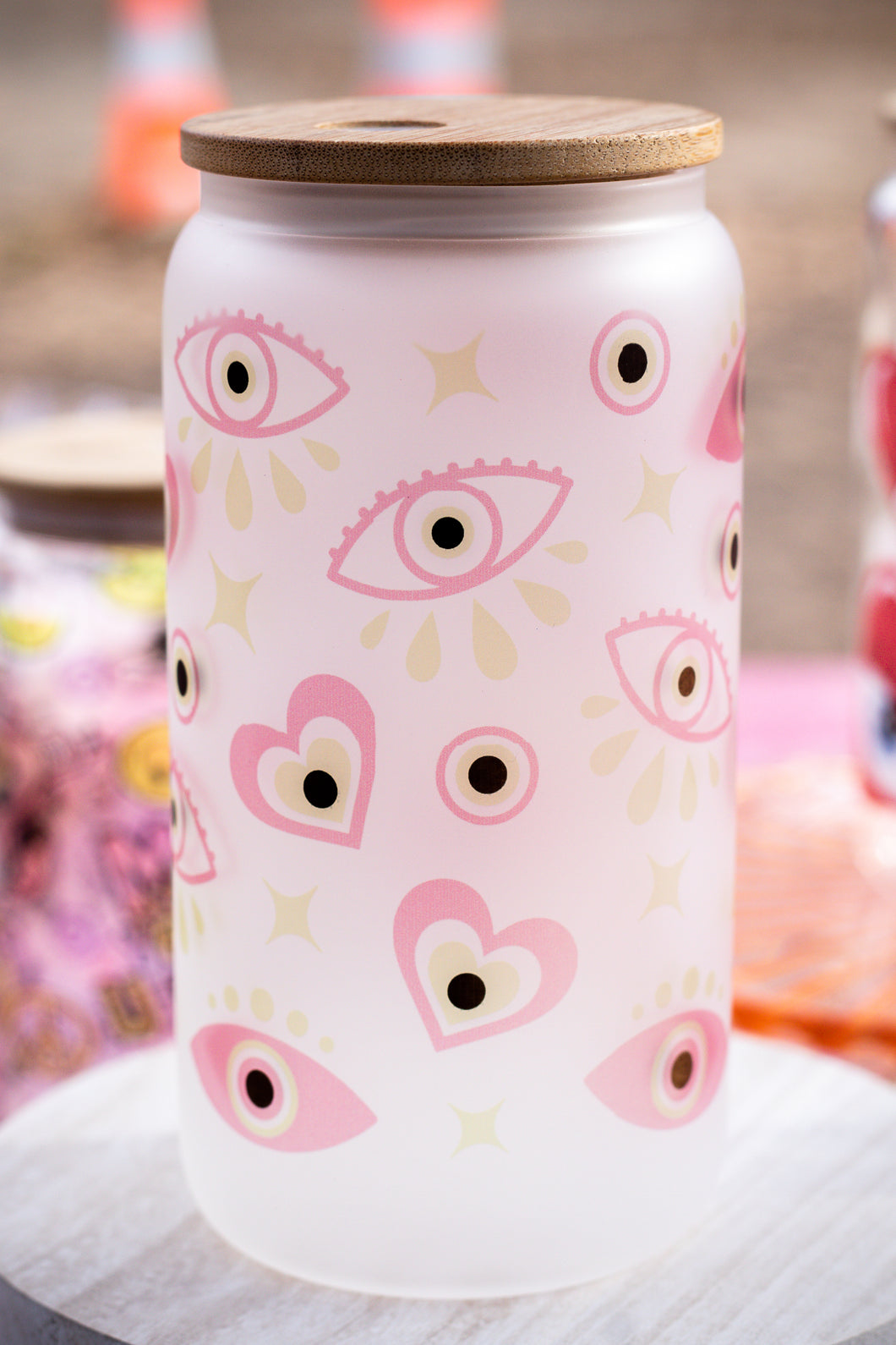 Pink Evil Eye 16 oz Libbey Glass Can Tumbler